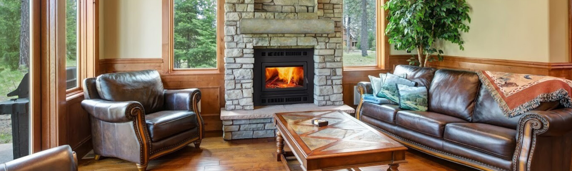 Cozy wood burning fireplace